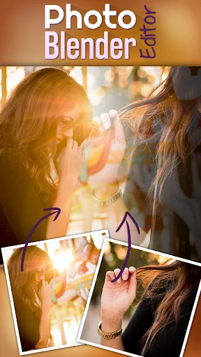Photo Blender Editor merging multiple friend photos with warm lighting into artistic double exposure composite