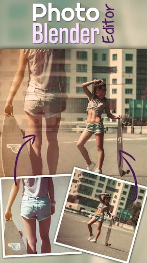 Photo blend app creating urban fashion composite by merging multiple photos of woman in denim shorts and crop top