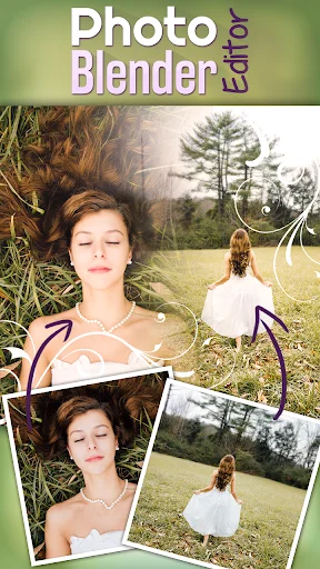 Photo Blender Editor combining portrait and nature photos into artistic wedding dress composite with outdoor setting