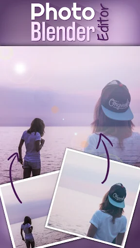 Photo blending app creating dreamy purple-toned beach composite from multiple source photos with artistic overlay