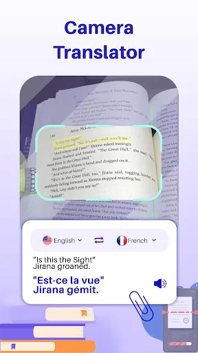 Camera translator app scanning book text, translating English to French with instant photo translation