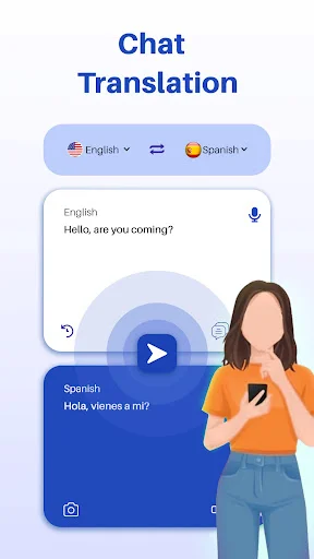 Chat translation interface converting English to Spanish messages in real-time conversation