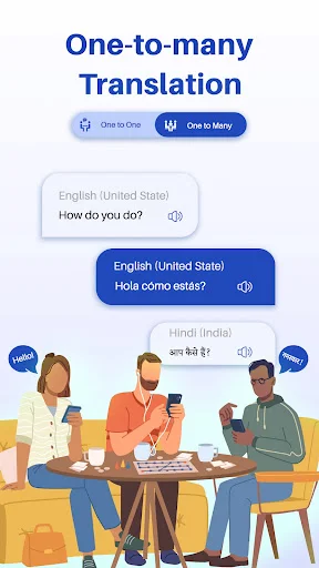 One-to-many group translation feature showing multiple people translating English, Spanish, and Hindi simultaneously
