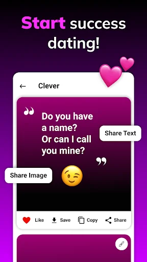 Pickup Lines app showing clever flirt message with share, like, save, and copy options on purple card interface