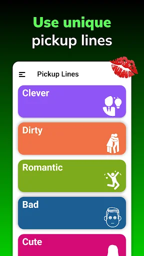 Pickup Lines app main menu with categories: Clever, Dirty, Romantic, Bad, and Cute pickup lines to choose from