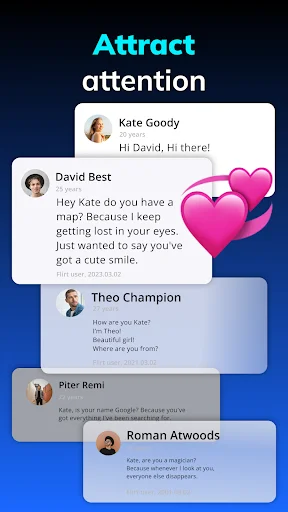 Pickup Lines app chat examples showing flirty conversation starters to attract attention in dating messages