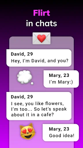 Pickup Lines app messaging interface demonstrating flirt conversation between David and Mary with emoji reactions