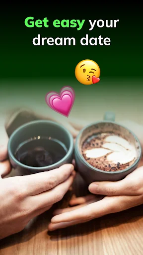 Pickup Lines app promotional screen showing coffee date concept with hearts and kissing emoji for dating success