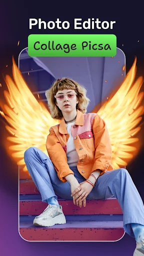 Picsa photo editor app home screen with fire wing effect overlay on portrait photo