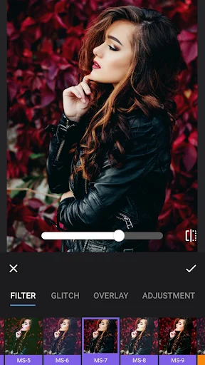 Photo filter editor showing red floral background with filter adjustment options