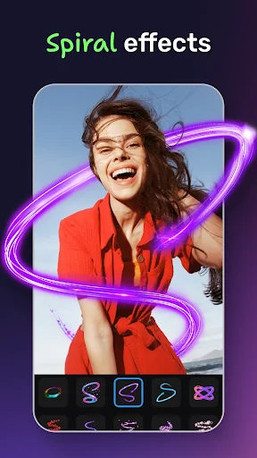 Spiral effects feature showing colorful neon spiral overlays on photo with effect options
