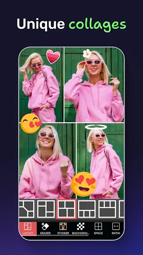Photo collage maker displaying 4-grid layout with emoji stickers and multiple grid templates