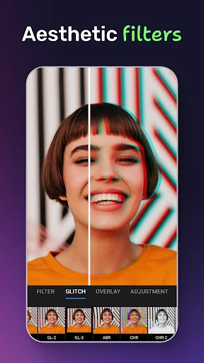 Aesthetic filters interface showing before/after comparison with glitch and overlay options