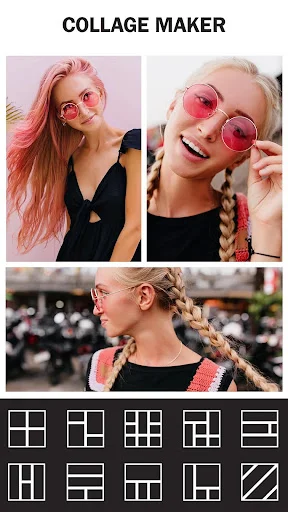 Collage maker showing 3-photo grid with 10 different layout template options