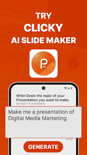 AI slide maker input screen prompting user to enter presentation topic with generate button
