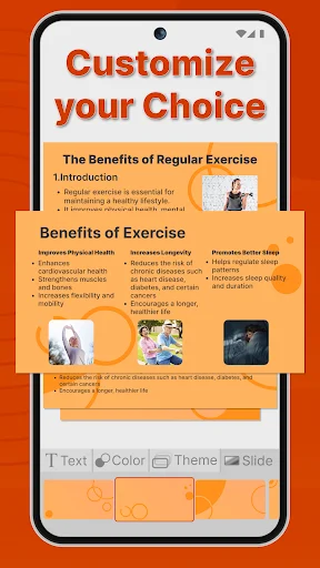 Customize presentation slide editor showing exercise benefits template with text, color, theme options