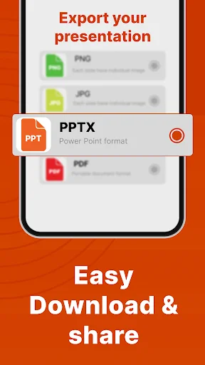 Export presentation menu with PPTX PowerPoint format selected for easy download and sharing