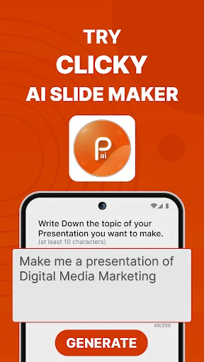 AI slide maker input screen prompting user to enter presentation topic with generate button