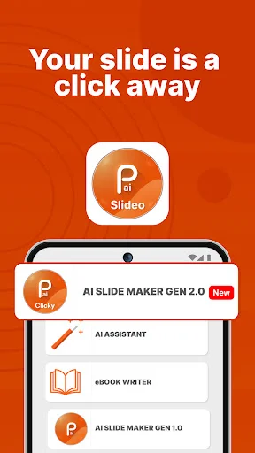Presentation AI app home screen showing AI Slide Maker Gen 2.0, AI Assistant, and eBook Writer menu options