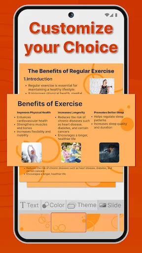 Customize presentation slide editor showing exercise benefits template with text, color, theme options