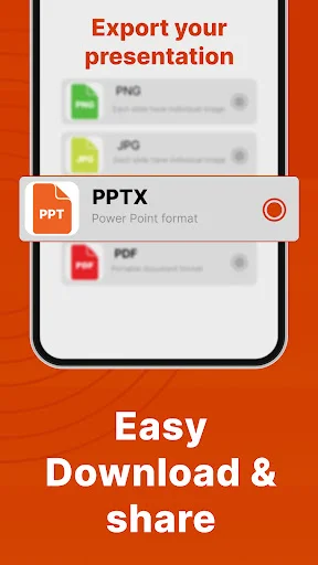 Export presentation menu with PPTX PowerPoint format selected for easy download and sharing