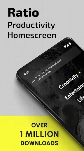 Ratio Productivity Homescreen app logo with phone mockup showing minimalist interface, over 1 million downloads badge