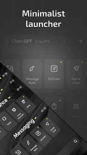 Minimalist launcher interface showing organized app icons with dark theme for distraction-free productivity