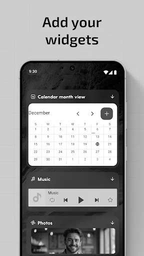 Widget customization screen displaying calendar month view, music player controls, and photo gallery widgets
