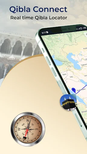 Qibla Connect app showing compass dial and map on smartphone screen for real-time prayer direction locating