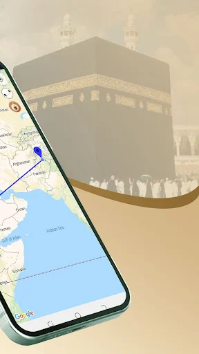 Qibla Compass displaying interactive map with location pin and Kaaba background for prayer direction finding