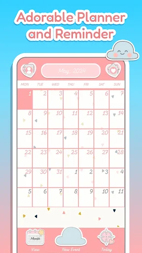 Pink aesthetic monthly calendar planner with cute cloud icons and reminder functionality