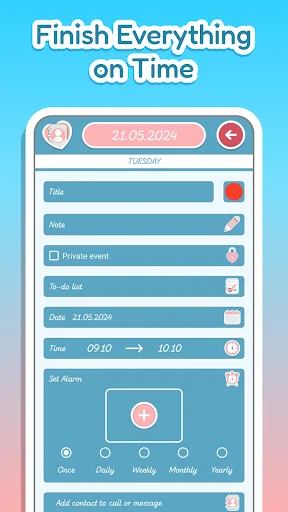 Event scheduler showing time settings, reminders, and task details for daily planning