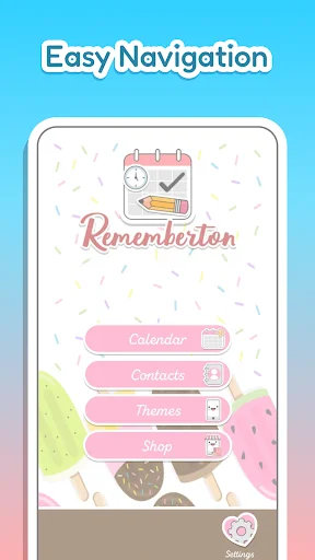 Navigation menu screen with calendar, contacts, themes, and shop options in pink aesthetic style