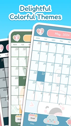 Multiple calendar theme previews displaying colorful personalization options for planner app