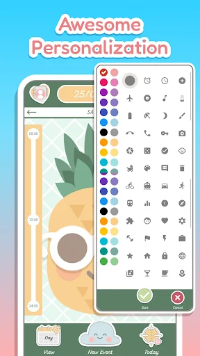 Color and icon customization panel for personalizing aesthetic daily planner and calendar