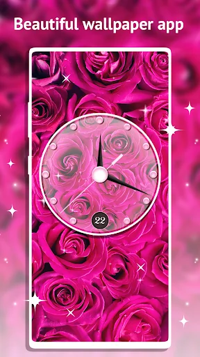Pink rose live wallpaper with analog clock widget displaying time on mobile phone screen