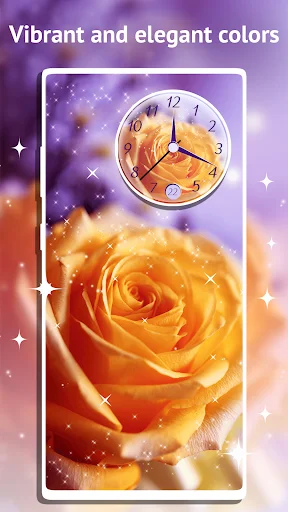Orange rose live wallpaper with clock widget showing vibrant colors on phone screen