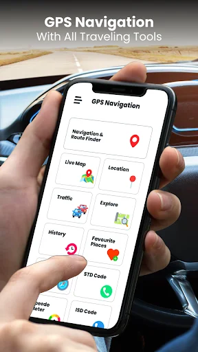 GPS Navigation app menu displaying route finder, live map, traffic alerts, location sharing, and favorite places features