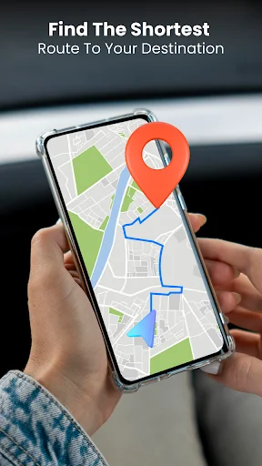 Route Finder showing shortest route to destination on map with blue path and red location marker pin