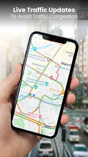 Live traffic updates map with color-coded roads showing real-time traffic congestion and route conditions