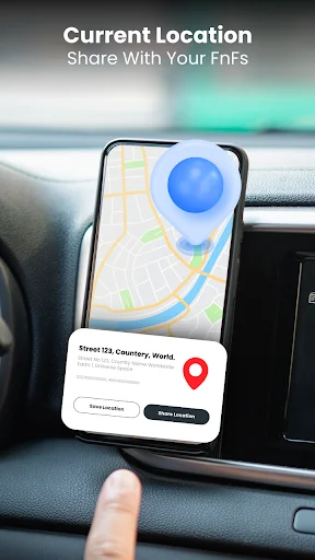 Current location on map with blue marker for sharing GPS coordinates with friends via location button