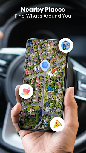 Nearby places feature map showing local restaurants, services, and points of interest around current location