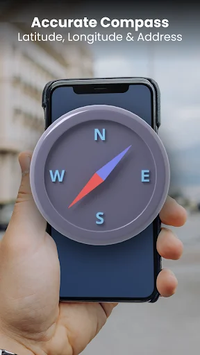 Digital compass displaying cardinal directions (N, S, E, W) with GPS latitude and longitude coordinates