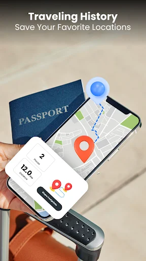 Traveling history screen showing saved favorite location destinations with route maps and location pins