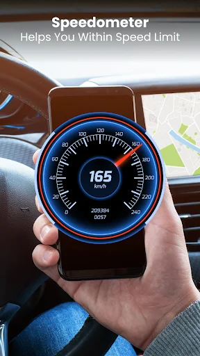 Speedometer gauge displaying current vehicle speed of 165 km/h to help monitor and maintain speed limits