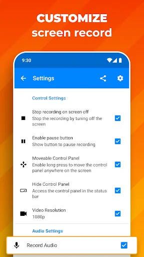 Screen recorder settings panel with customization options for controls, pause button, and audio recording