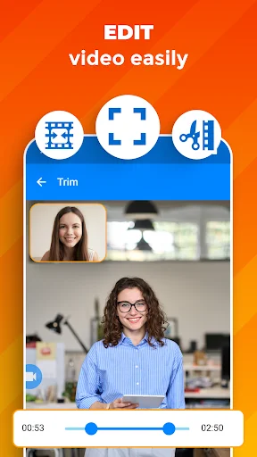 Video editor trim interface showing timeline controls and video preview with multiple editing options