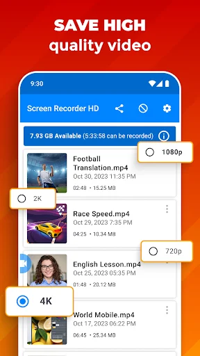 High quality video save screen showing 4K, 2K, 1080p, 720p resolution options for recorded videos