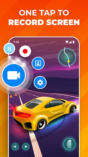 Screen recorder app showing one-tap record feature with floating controls over racing game gameplay