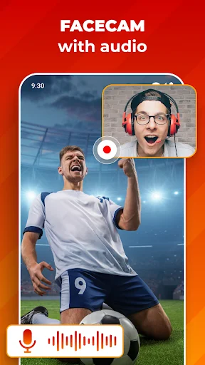 Facecam audio recording feature displaying camera overlay on soccer gameplay with microphone controls